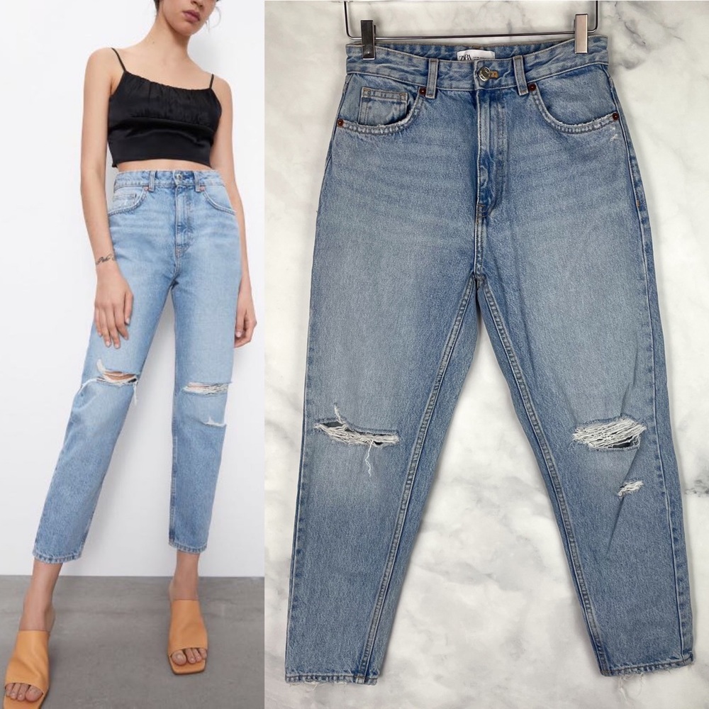 Zara 12" High-Rise Lightly Distressed Mom Jeans Rigid Denim Blogger Favorite Mod